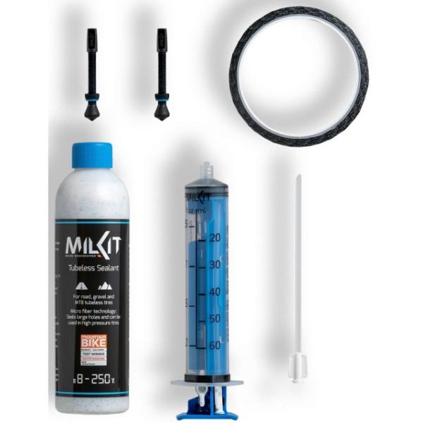 milKit Conversion Kit TL 45mm Dichtmilch 250ml Spritze 25mm Felgenband &agrave; 10m  Schwarz, Weiss, Blau 250 ml