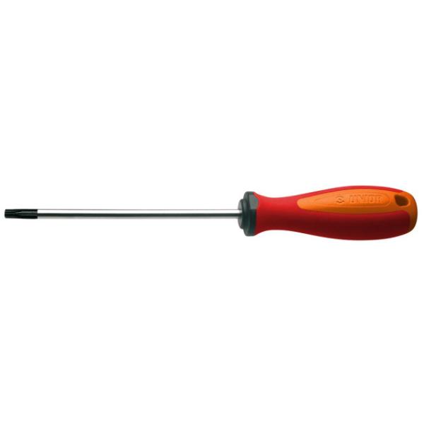 Unior Schraubendreher mit 3 Komponenten Griff mit TX Profil und Bohrung TR 20  Rot, Orange, Schwarz 185 mm